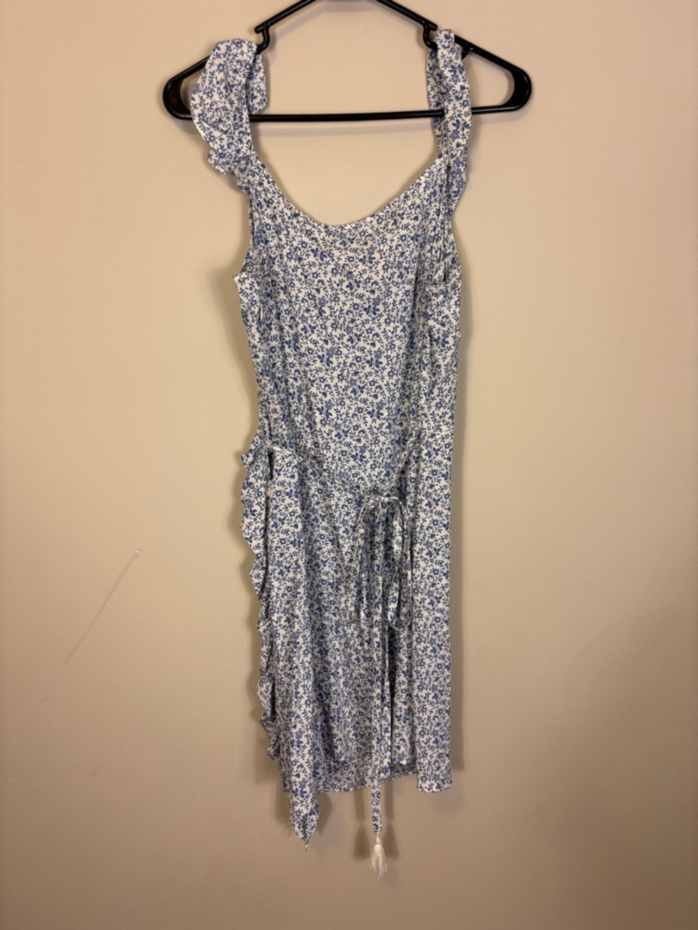 Madewell Blue & White Floral V Neck Wrap Dress with Ruffle Straps 6 - Picture 2 of 7